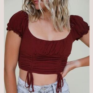 NEW Maroon Crop Top with Puff Sleeves and Ruched Detail, Medium or M